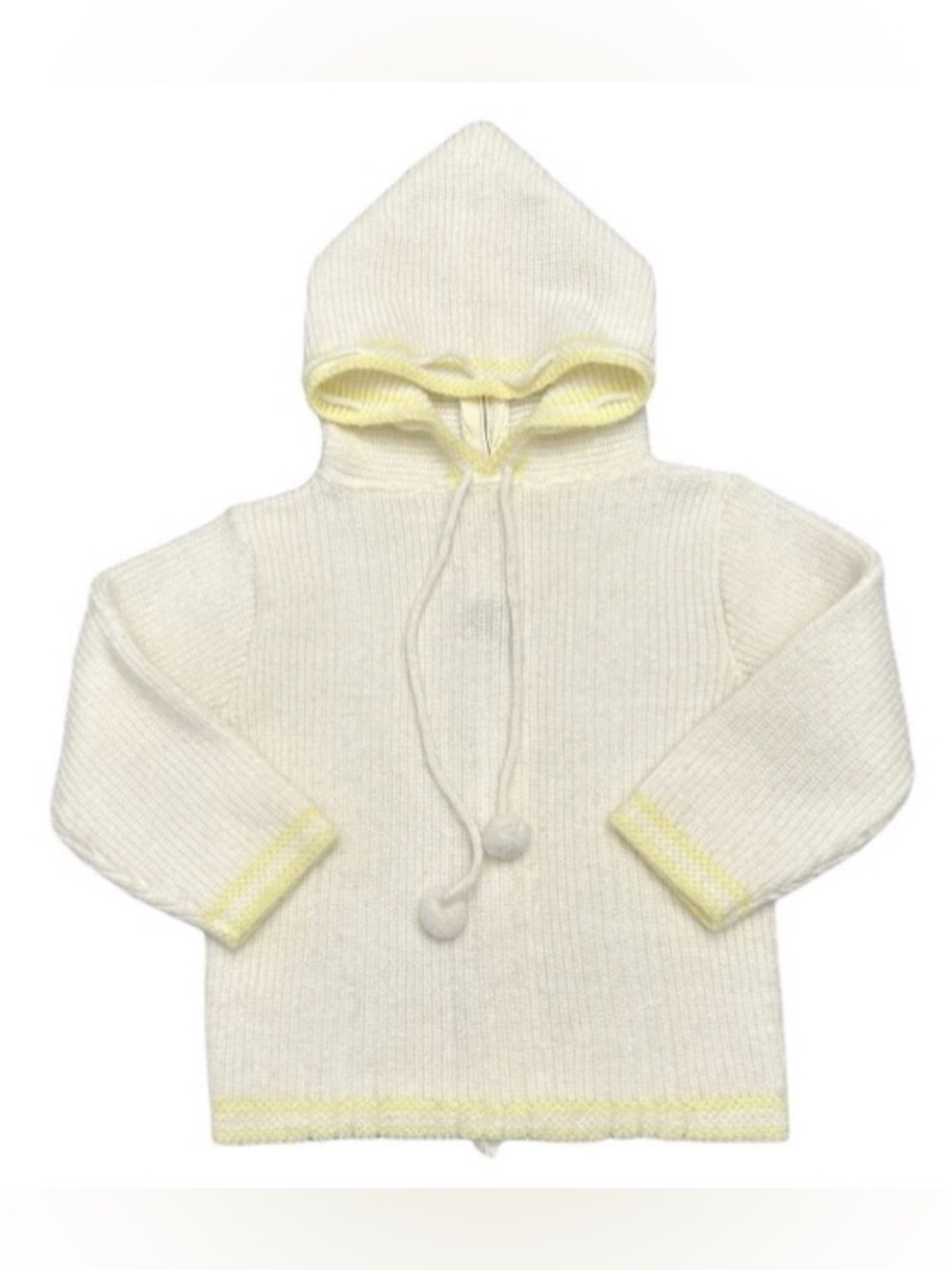 Vintage Blue Bird Baby Sweater Knit Hooded White Yellow Pompom Hassle Back Zip
